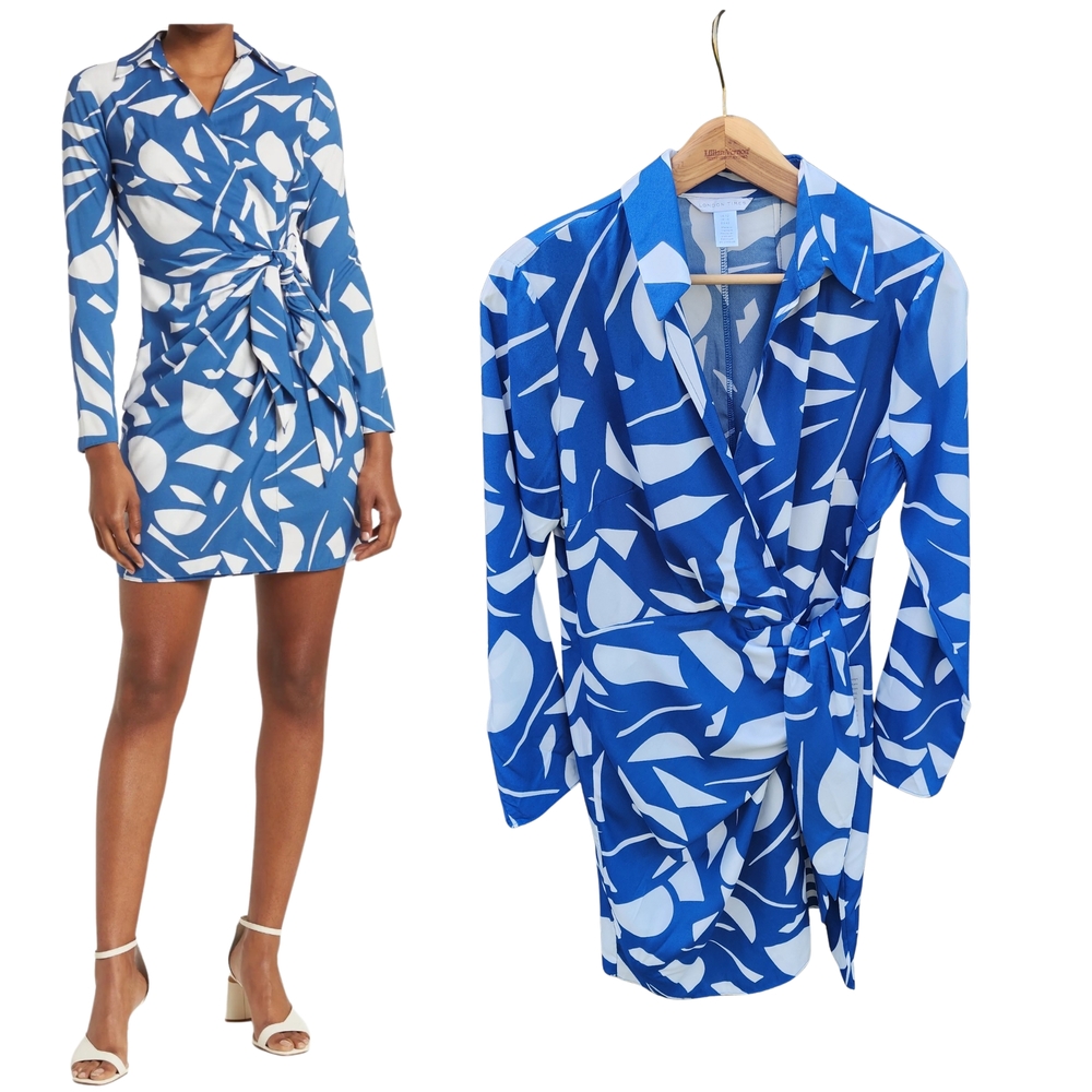 London Times Blue and White Long Sleeve Faux Wrap Dress, Size 12 - Picture 2 of 12